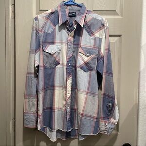 Vintage Wrangler Blue and Red Striped Shirt with pearl button snap closure